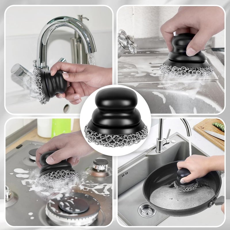 Onewly Cast Iron Scrubber (1Pack Black Coarse Mesh + 1Pack Black Fine Mesh) and and Scraper, Chain Mail Scrubber for Cleaning Stock Pots, Pans, Griddles, Grills, Cast Iron Skillets, Dish Scouring Pads - Image 5